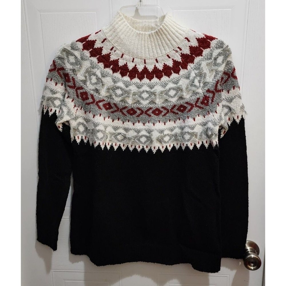 J.Jill Fair Isle Print Nordic Black Mock Neck Knit Fringe Sweater Size XS Petite